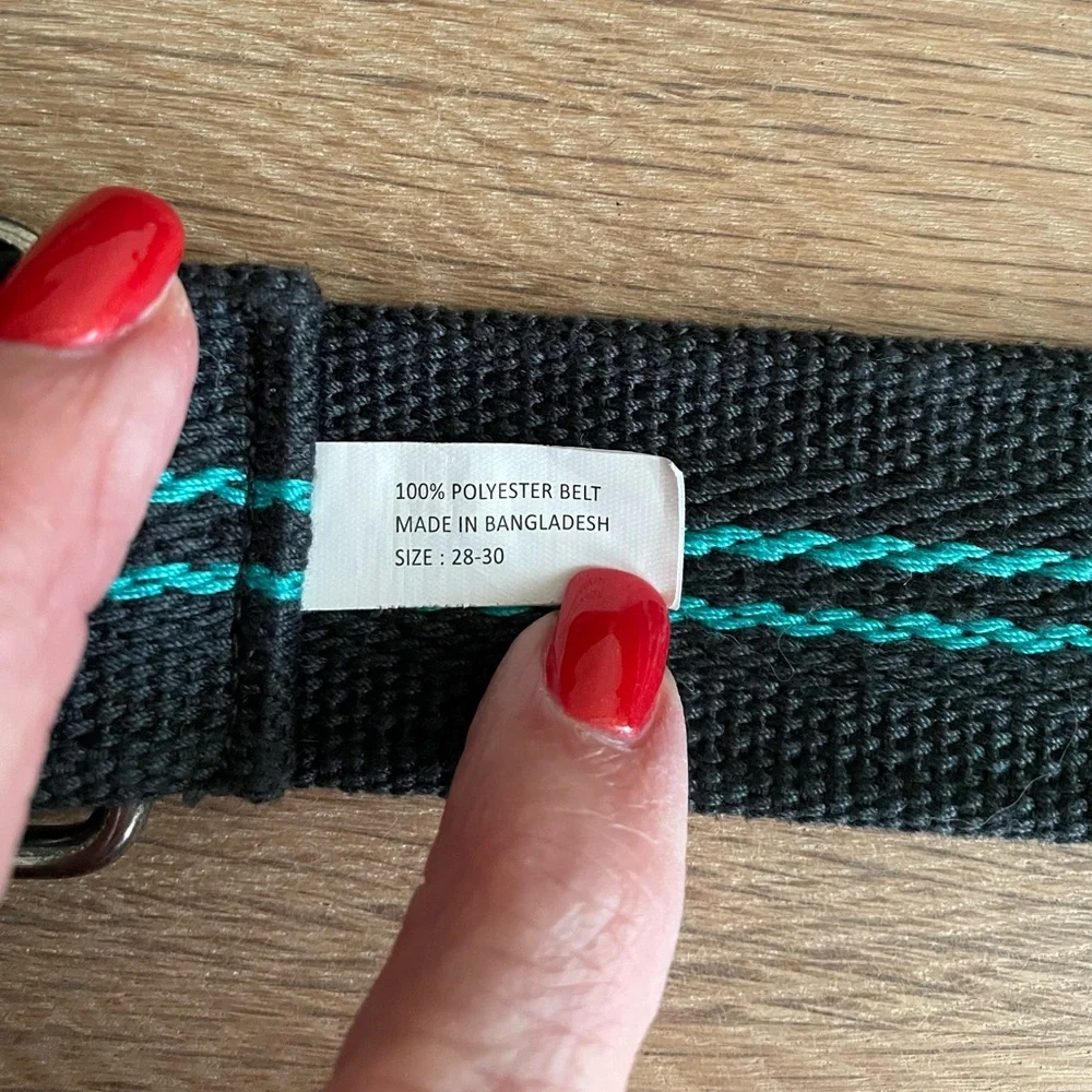 SET OF TWO WOVEN FABRIC BELTS Solid Black, Black with Teal Green Stripes